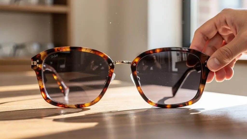 Deux paires de lunettes de soleil en acétate épais posées sur une table en bois.