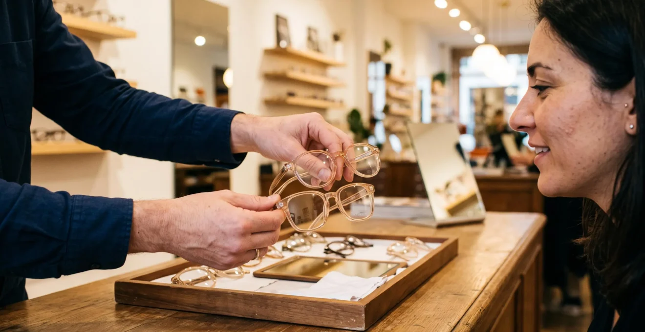 Un opticien présente deux montures transparentes effet nude à une cliente en boutique.
