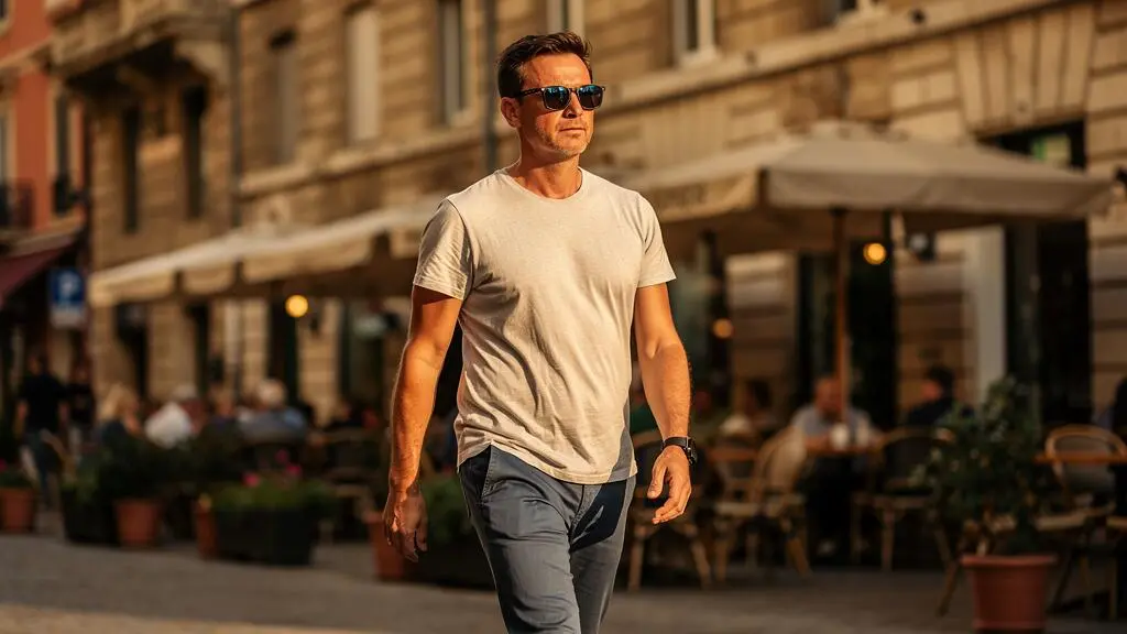Une personne portant des lunettes rétro en acétate marche dans une rue ensoleillée.